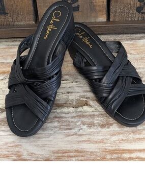 NWOB - Cole Haan NikeAir Black Leather strappy wedge slides- size 10/10.5